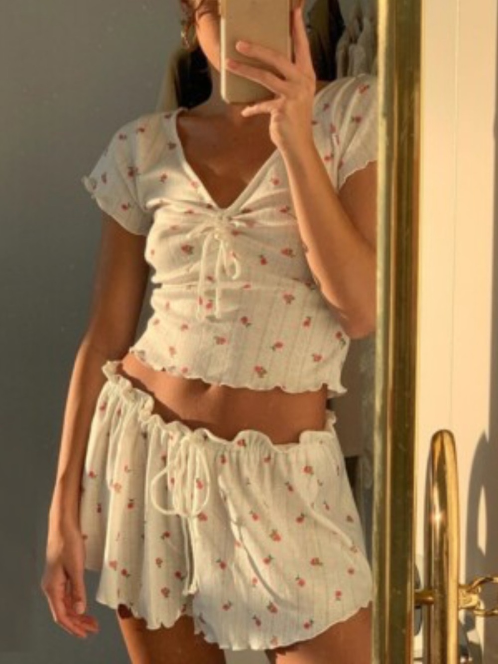 Little White House- Floral Two Piece Loungewear Set with Pink Roses in small
